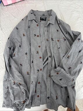 Express Gray Snowboard Motif graphic Button-Up Shirt flannel gray 2XL XXL slim
